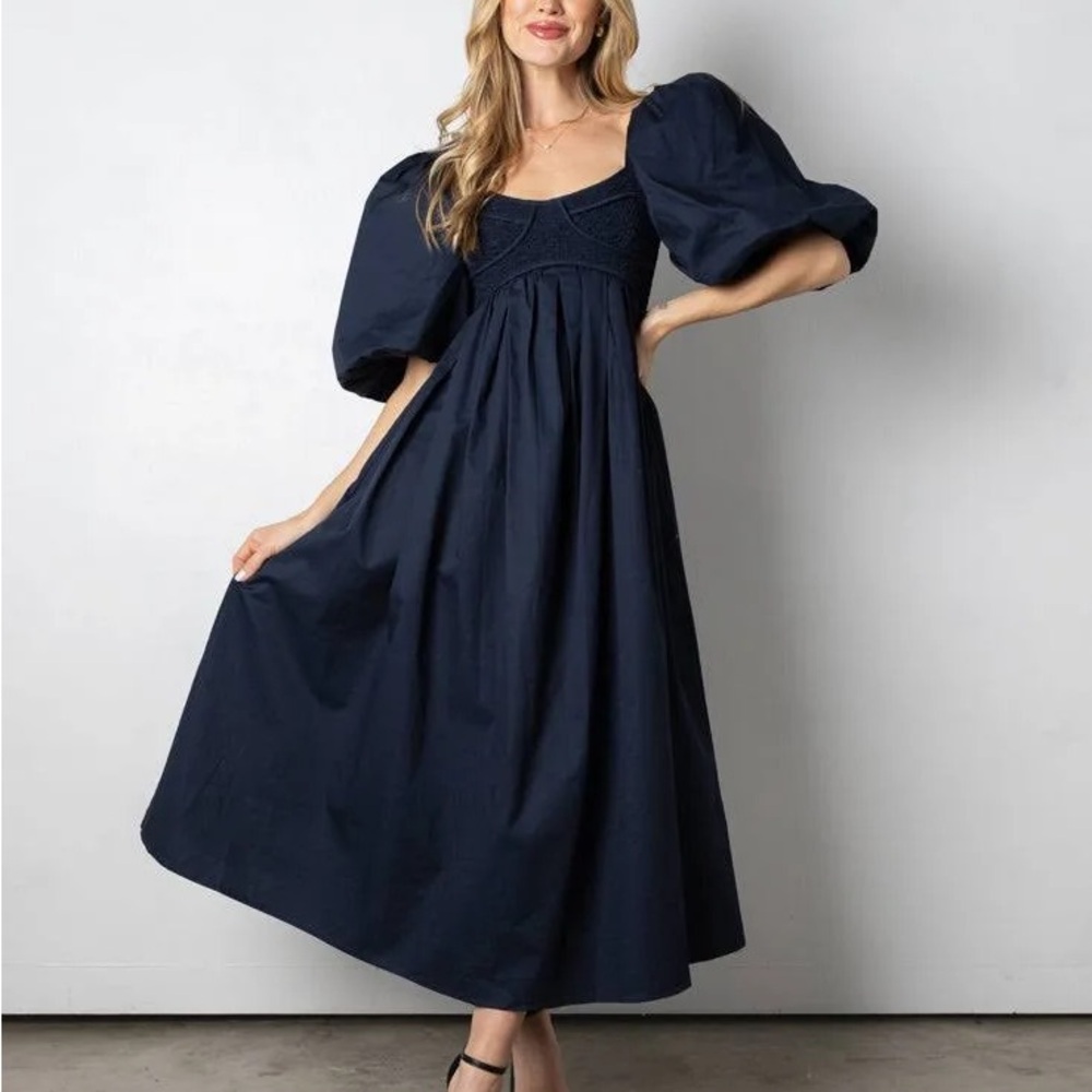 vestique Navy Puff-Sleeve Midi Dress